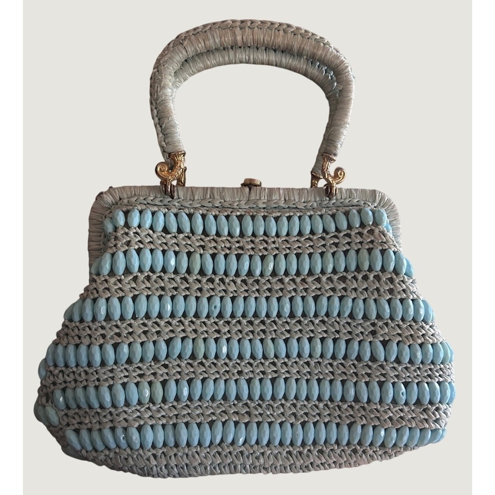 Barbara Lee Top Handle Woven Straw Bag Purse Robin Egg Blue Vintage MCM Italy